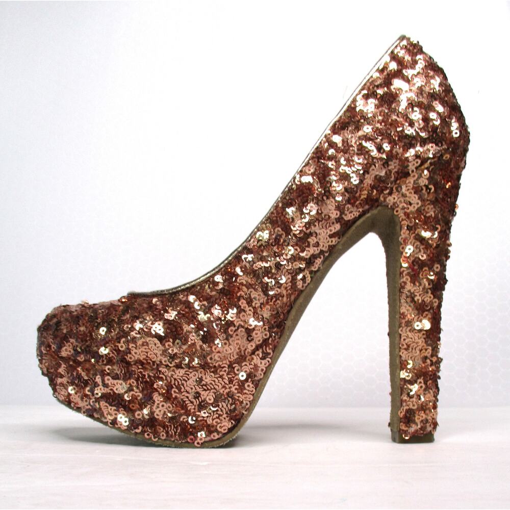 STEVE MADDEN Rose Gold Sequined Glitter Platform High Heel Pumps Sz 6.5 - Picture 6 of 10